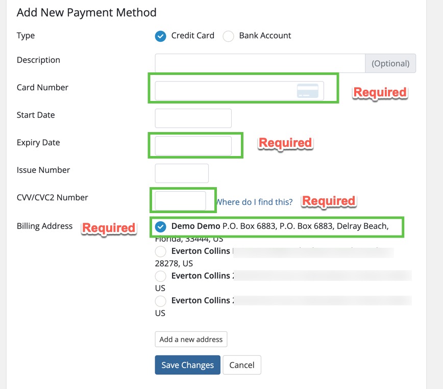 required fields for a credit card.